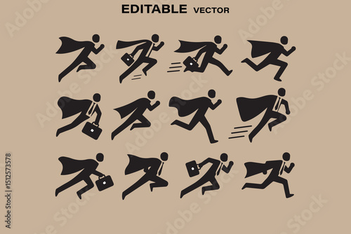 Vector Illustration of Business People Running with Briefcases and Capes in Black Silhouette on a Beige Background