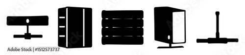Simplified black and white icons of server racks, computers, and network equipment