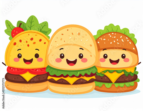 Three adorable cartoon burgers happy meal fast food