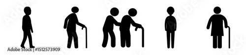Simple illustration of human figures at various stages of life, with assistance