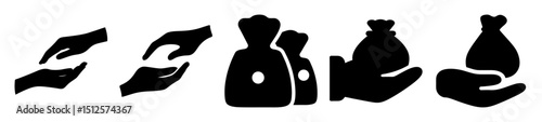 Illustrations of Hands Receiving or Giving Money Bags Suggesting Charity
