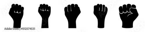Five black fists arranged in a row against a stark white background