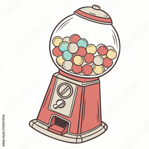 Illustration of a vintage gumball machine filled with colorful gumballs on a white background surface