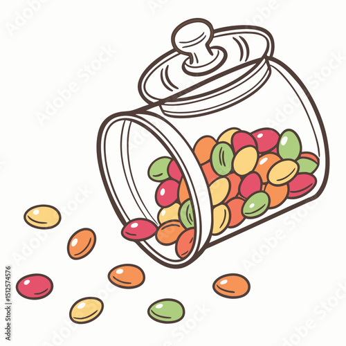 Illustration of a tilted glass jar filled with colorful candy beans spilling out onto a white surface