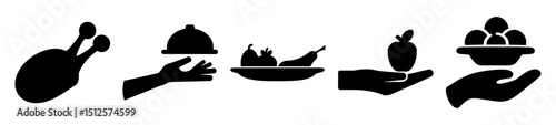 Stylized presentation of food and fruit in five black and white icons