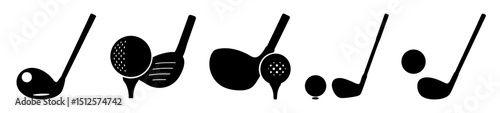 Black and white simplistic graphical representation of golf clubs and golf balls