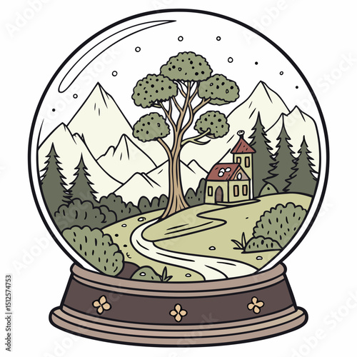 Illustration of a snow globe with a landscape featuring mountains trees a house and a winding path inside it