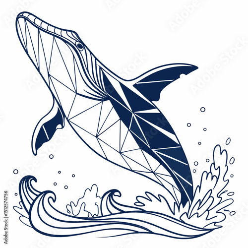 Illustration of a geometric whale jumping out of the water with waves and splashes in blue and white color