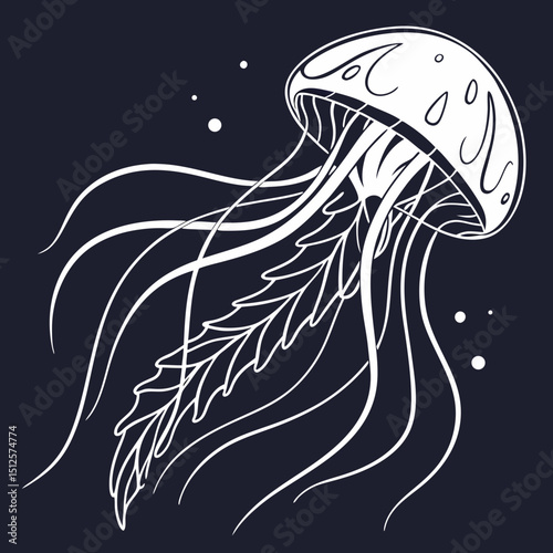 A stylized white jellyfish with long tentacles floating against a dark blue background illustration art