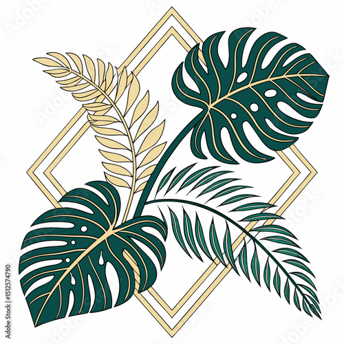 Illustration of monstera and palm leaves arranged within a golden diamond shaped frame on white background