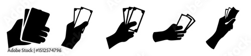 A series of hands holding playing cards or papers in silhouette