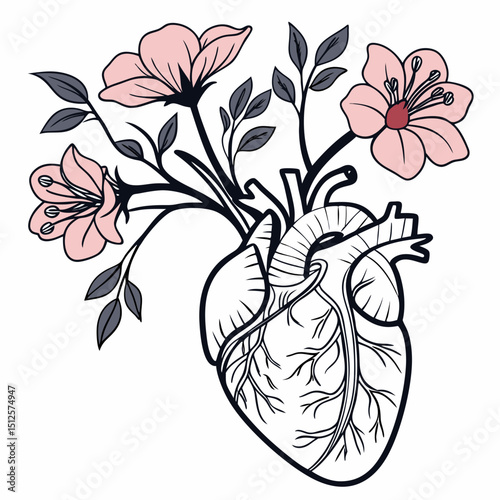 Anatomical heart with pink flowers and grey leaves sprouting from the arteries and veins artwork design