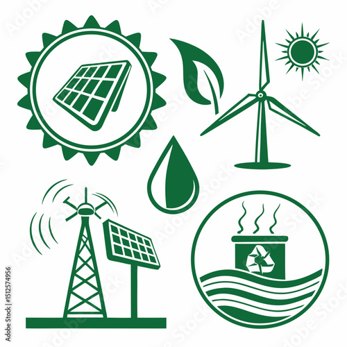 Illustration showcasing renewable energy sources including solar panels wind turbines and recycling symbol