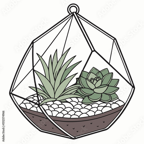 Illustration of a hanging geometric terrarium with succulents and small white rocks on a brown base inside