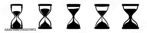 Five hourglass variations in black silhouettes represent passage of time and deadlines