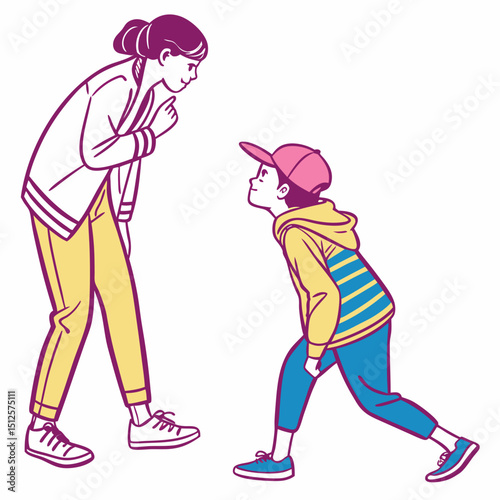 Woman in jacket and yellow pants looking at a child with a cap and striped hoodie in a playful scene