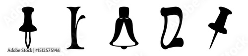 Stylized Black and White Icons of Pushpins, Letters, and a Bell
