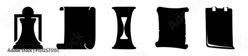 Stylized black and white icons featuring a chess piece and scrolls