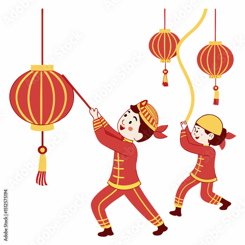 Two children in traditional chinese clothing hanging red lanterns for chinese new year celebration day