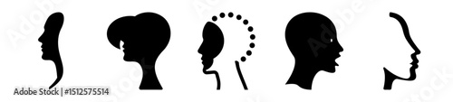 Black and white illustration featuring a diverse range of abstract human profiles