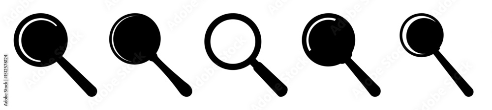 Five distinct black magnifying glass icons on a clean white background Five distinct black magnifying glass icons on a clean white background