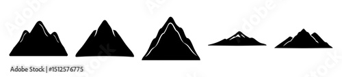 Five Simple Black Mountain Silhouettes in a Row on a White Background