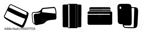 Stylized black and white icons depicting various payment methods and financial tools