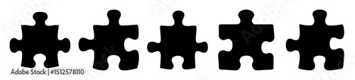 Five black puzzle pieces arranged horizontally on a stark white background