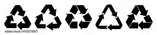 Five different recycling symbols in a row show the concept of recycling