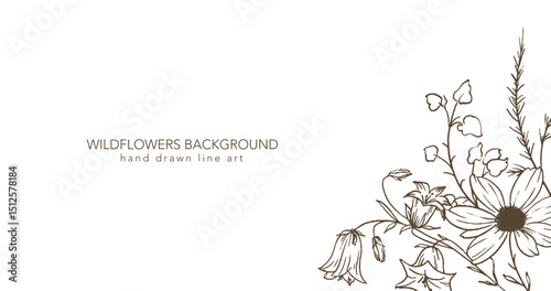 Trendy floral wildflowers and leaves line art illustration. Botanical Line Art Collection of wildflowers. Hand drawn line art graphics. Luxury Fine Line Floral Art. Perfect for Elegant wedding invite