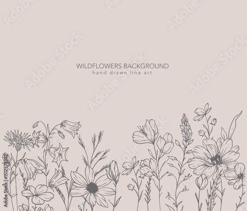 Trendy floral wildflowers and leaves line art illustration. Botanical Line Art Collection of wildflowers. Hand drawn line art graphics. Luxury Fine Line Floral Art. Perfect for Elegant wedding invite