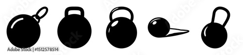 Five stylized kettlebells in different orientations showcase various shapes and designs