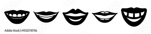 Five black and white drawings depicting lips with smiles in different variations