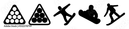 Black and white vector graphics illustration depicting billiards and snowboarding activities