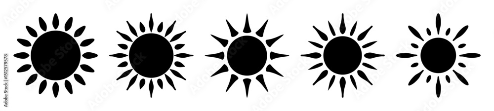 Fototapeta premium Five sun icons showing different stylistic variations, black silhouettes on white background