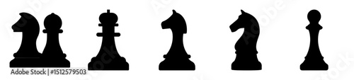 Silhouette of Chess Pieces Knight Bishop Queen Knight and Pawn Isolated on White