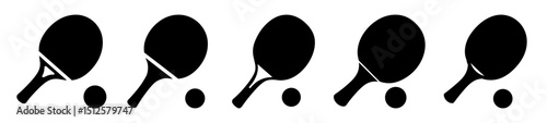 Five table tennis paddles and balls in black and white style