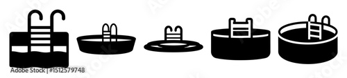 A collection of diverse swimming pool icons representing different types and styles