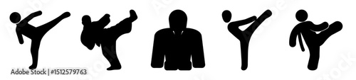 Black silhouette depictions of martial arts actions, featuring kicks and a robed figure