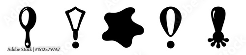 Collection of playful exclamation point variations and miscellaneous black blobs on white background