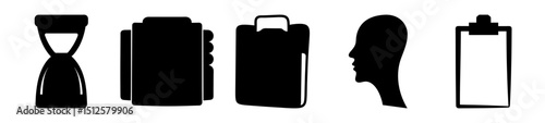 Icon set depicting time, books, shopping bag, head and blank form