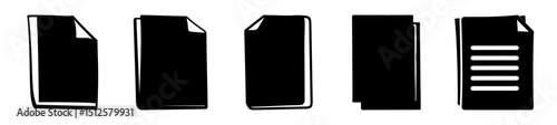Five black paper document icons with different styles on white backdrop