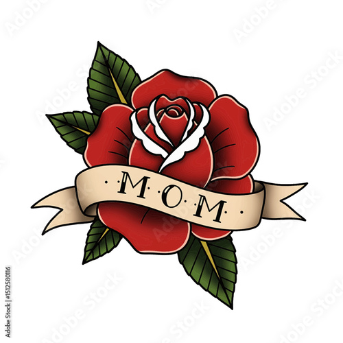 Vintage style rose tattoo design with ribbon and mom text illustration