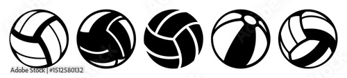 Five volleyballs in a row with a black and white design style