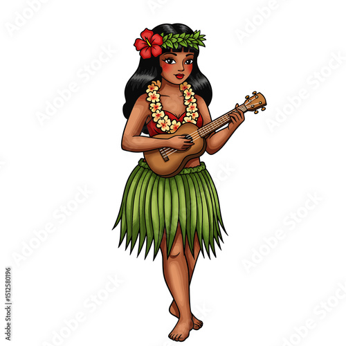 Illustration of a hawaiian hula dancer playing ukulele with floral lei