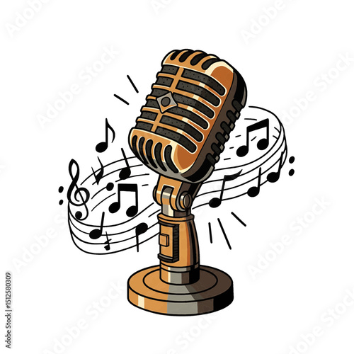 Vintage microphone with musical notes vector illustration design asset