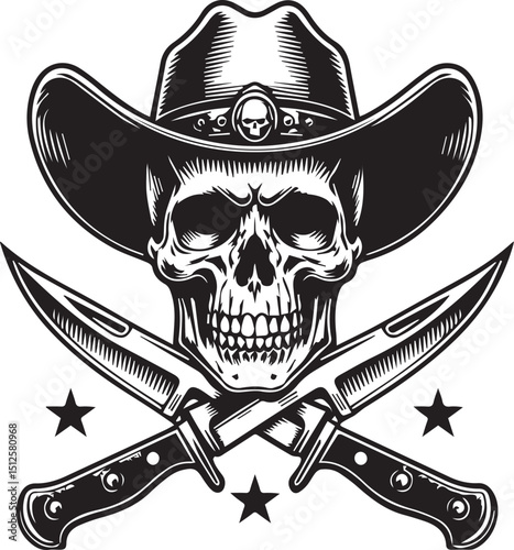Skull cowboy hat crossed knives outlaw design