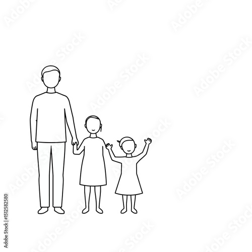 Father with two daughters silhouette isolated on white background