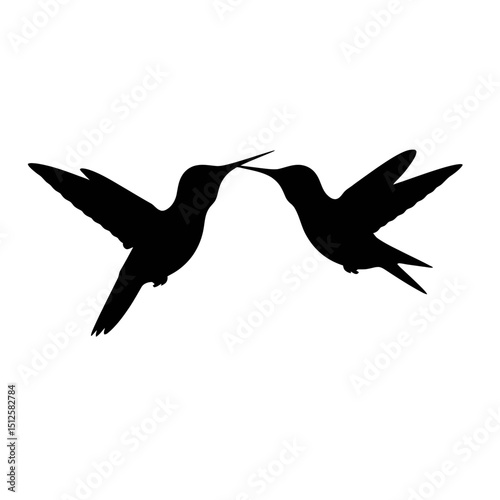 Two hummingbirds kissing silhouette isolated on white background