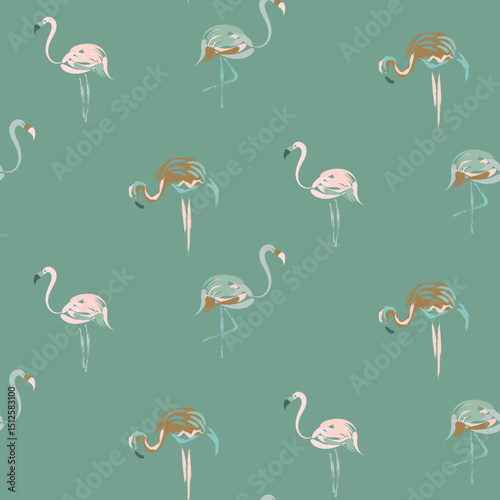 Seamless pattern of flamingo, stylized green background wallpaper texture. Tropical Hawaii shirt vector design